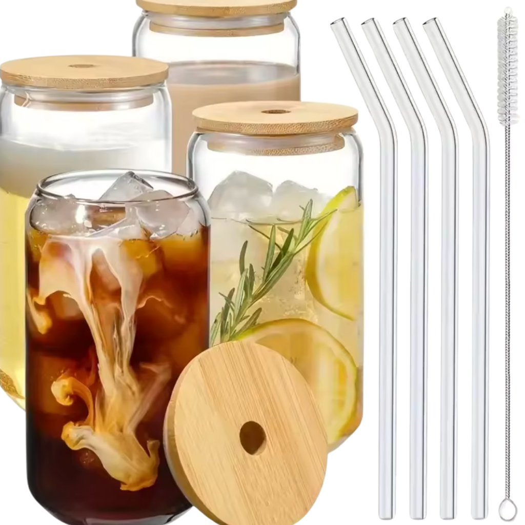 Glass Mugs with Clear Straws and Bamboo Lids - Raydin