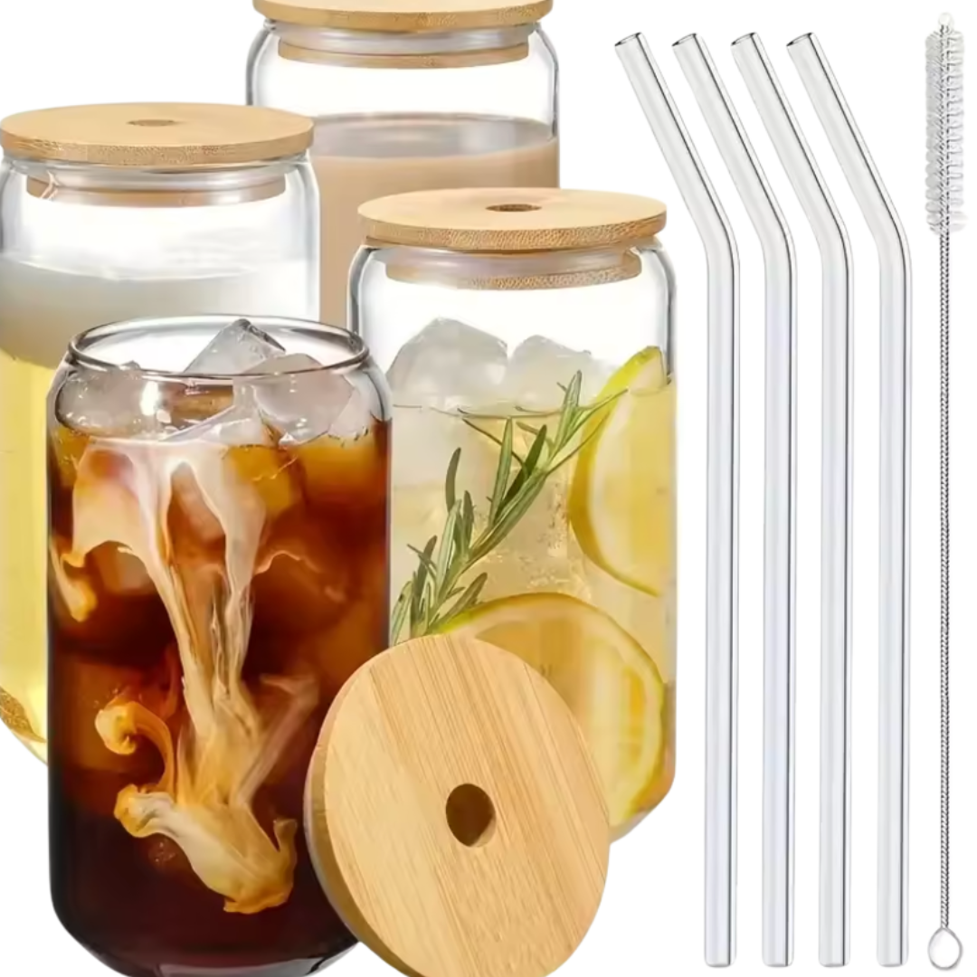 Glass Mugs with Clear Straws and Bamboo Lids - Raydin