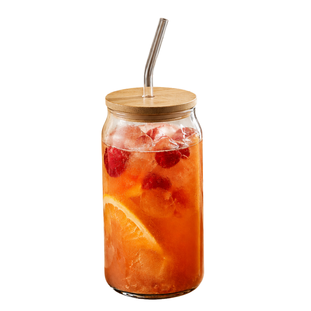 Glass Mugs with Clear Straws and Bamboo Lids