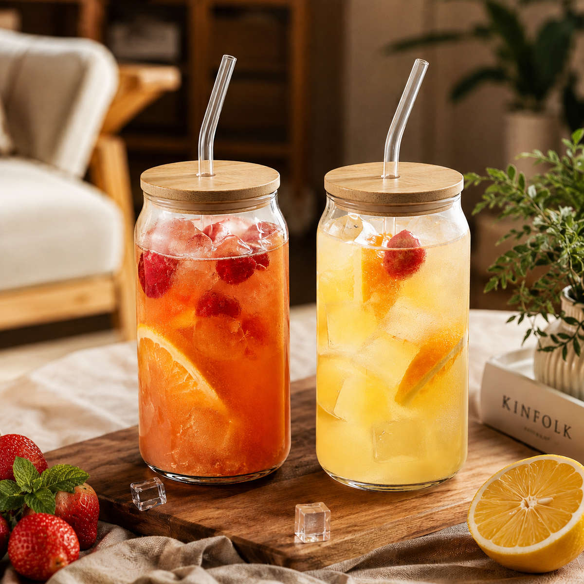 Glass Mugs with Clear Straws and Bamboo Lids - Raydin